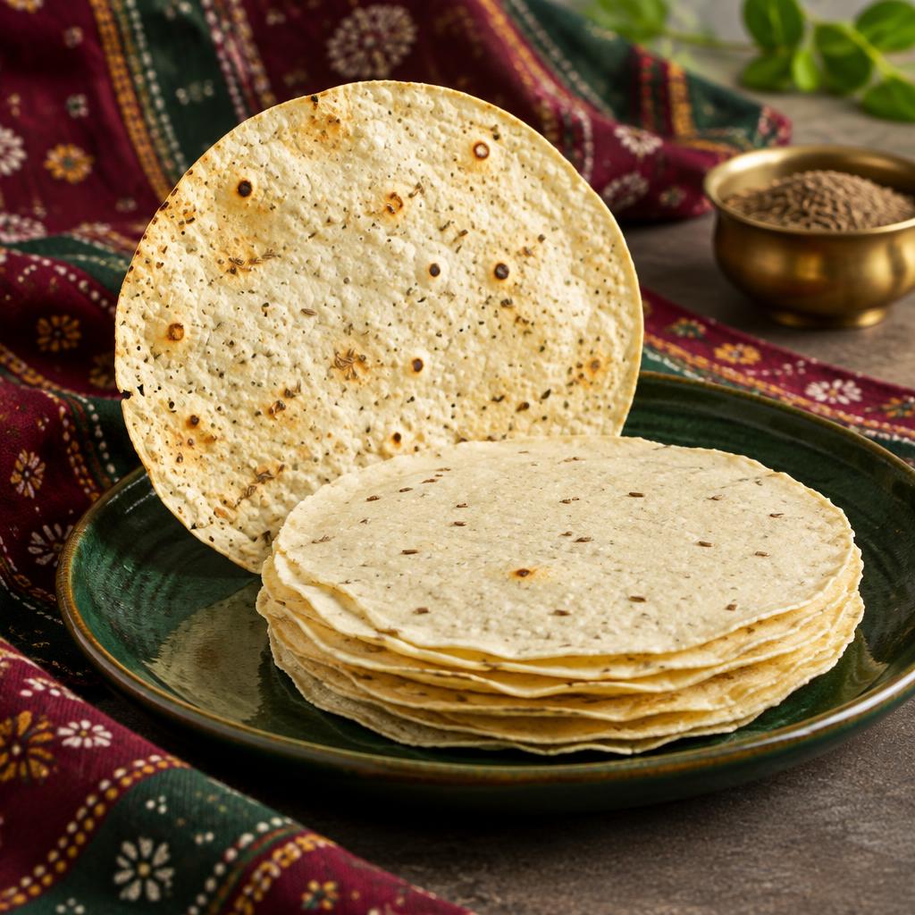 Vedika Chokha Jira papad on a green serving plate